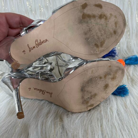 Sam Edelman Azela Silver Tassel Pom Heels Open Toe Strappy Heels Size 8.5 - Picture 5 of 8
